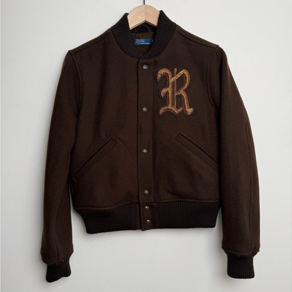 Polo Ralph Lauren RL67 Varsity Bomber Brown Wool Bullion “R” Jacket Sz S
